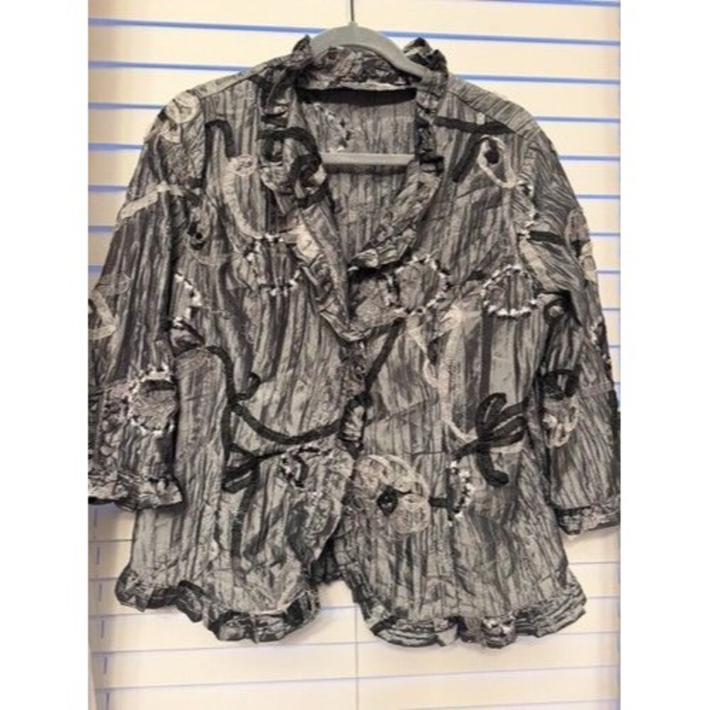 Y2K Agora Ladies Crinkle Button Jacket 3/4 Sleeve Ruffle Collar Sz L Vintage
